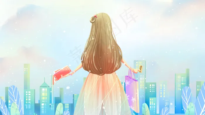 蓝色唯美卡通清新少女去购物618购物配图(2880*1620px 300 dpi )psd模版下载