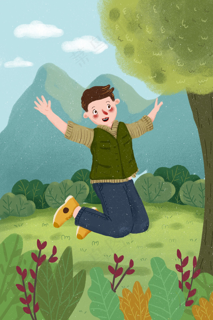 可爱卡通男孩外出户外旅游插画
