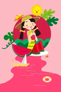 粉色系扁平风立夏西瓜女孩配图 粉色系扁平风立夏西瓜女孩配图