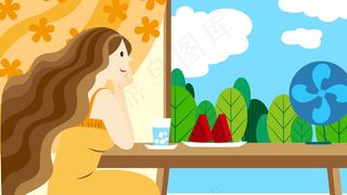 扁平风立夏夏天窗边女孩配图