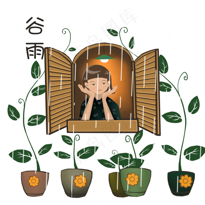 谷雨看雨景的小女孩