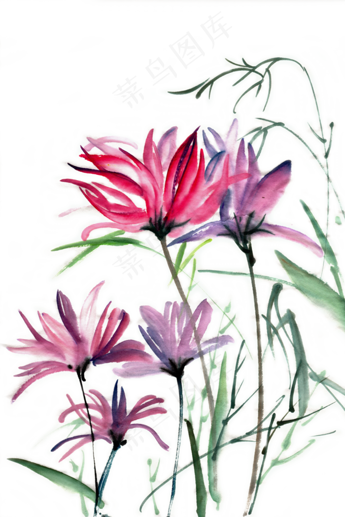 盛开的花朵水墨画PNG免抠素材(4724*7087px 300 dpi )psd模版下载