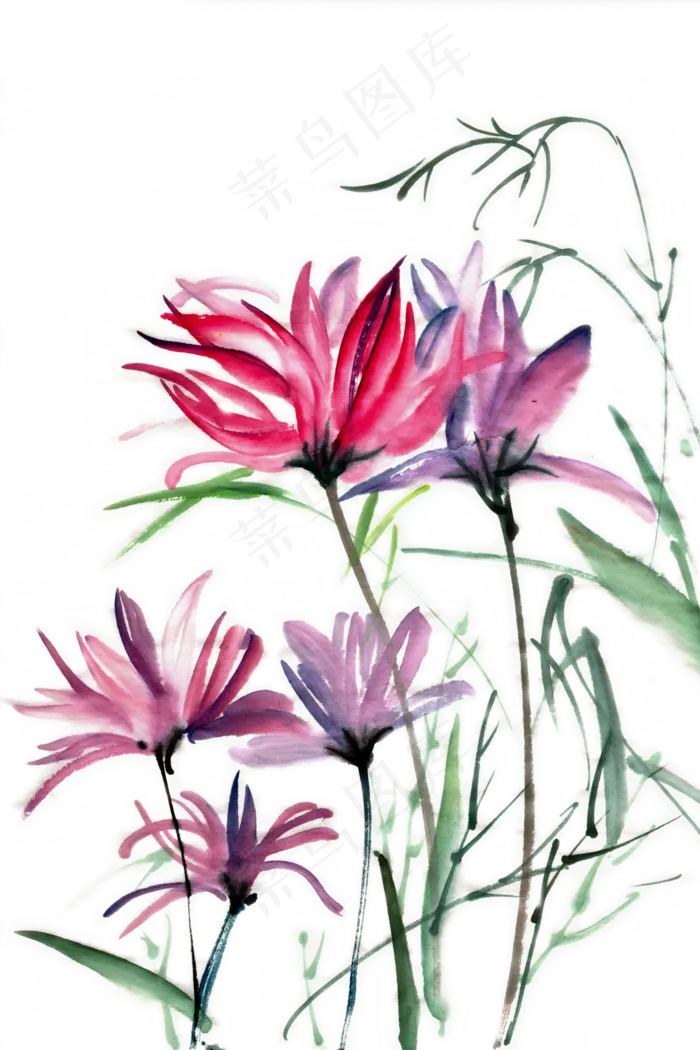盛开的花朵水墨画PNG免抠素材(4724*7087px 300 dpi )psd模版下载
