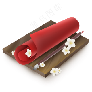 红色卷轴和桃花,免抠元素