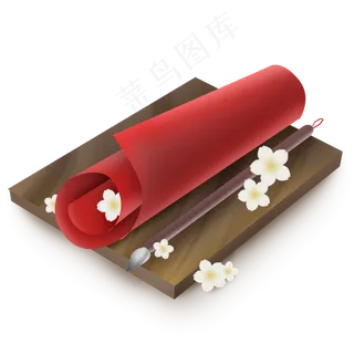 红色卷轴和桃花,免抠元素 红色卷轴和桃花,免抠元素