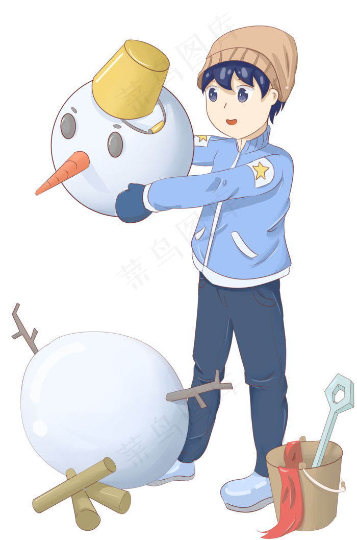 卡通男孩大雪冬天节气插画,免抠元素