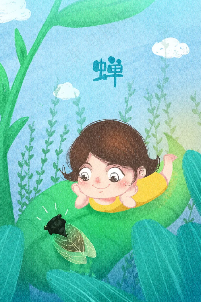 24节气之立夏平面纹理风蝉与小女孩美图(3545*5315px 300 dpi )psd模版下载