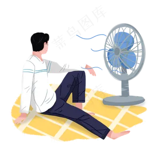 大暑乘凉男孩吹电风扇素材