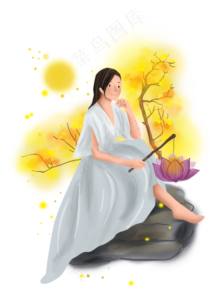 中秋节桂花树下的女孩,免抠元素(3508X4961(DPI:300))psd模版下载