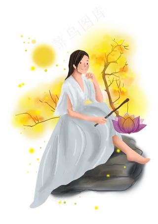 中秋节桂花树下的女孩,免抠元素