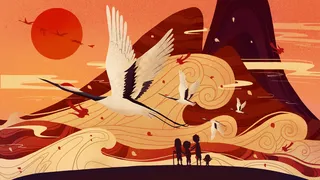 重阳登高仰望风景暖色中国风插图