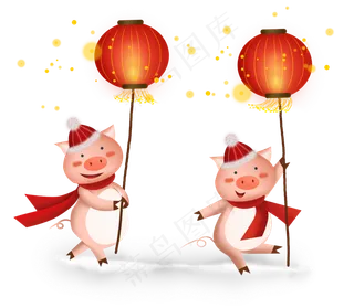 2019猪年夜晚拿灯笼的小猪,免抠元素