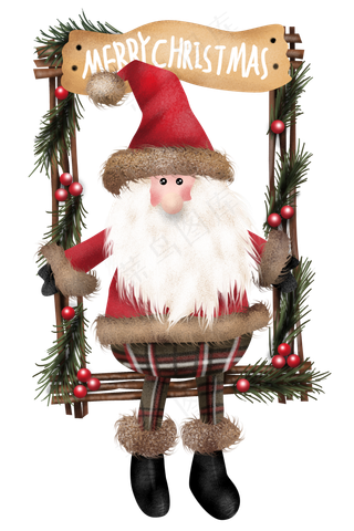 手绘圣诞老人藤圈,免抠元素