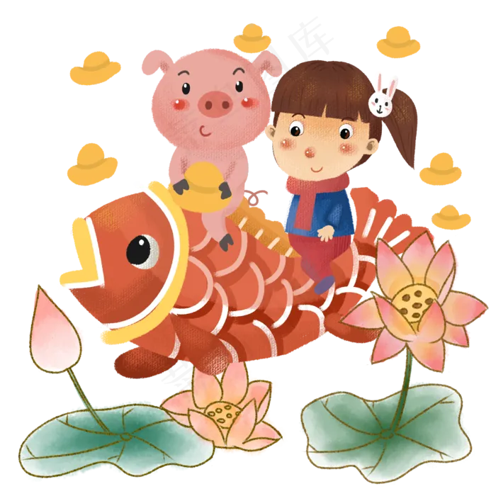 红色手绘卡通治愈年年有余新年快(2000X2000(DPI:300))psd模版下载