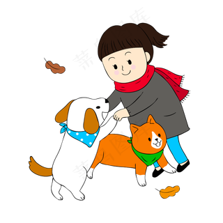 和猫狗玩耍的女孩