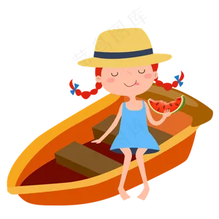 大暑小女孩坐在木船上吃西瓜手绘