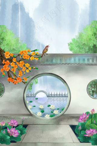 中国风圆形拱门园林山水庭院荷花夏季风景