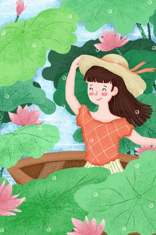 立夏卡通小清新荷花池中的女孩配图