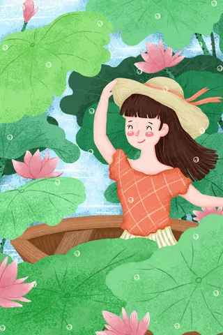 立夏卡通小清新荷花池中的女孩配图