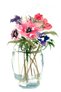 瓶中花水彩画PNG免抠素材