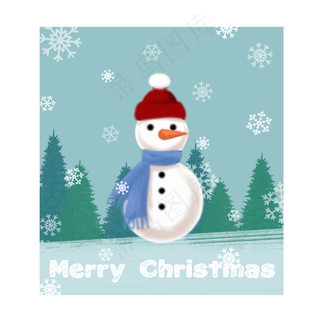 手绘圣诞节邮票雪人雪花松树蓝绿,免抠元素