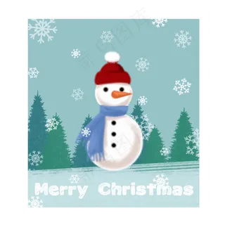 手绘圣诞节邮票雪人雪花松树蓝绿,免抠元素