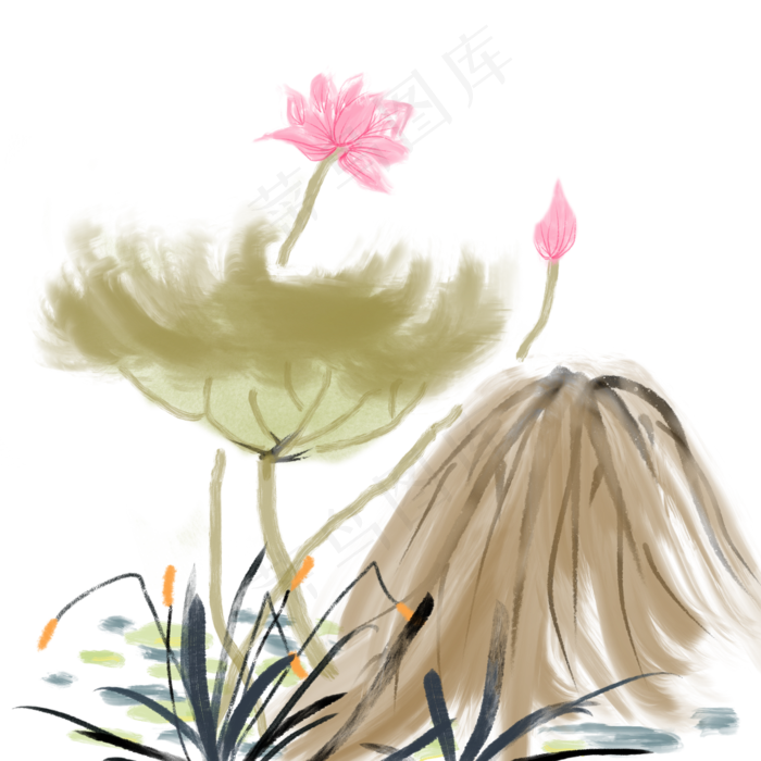 水墨植物荷花(2000X2000(DPI:300))psd模版下载