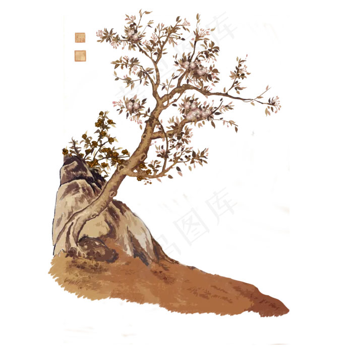 中国水墨古典国画花鸟桃花树工笔,免抠元素(2000X2000(DPI:300))psd模版下载