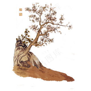 中国水墨古典国画花鸟桃花树工笔,免抠元素