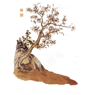 中国水墨古典国画花鸟桃花树工笔,免抠元素