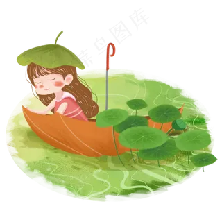 小暑荷叶划船女孩png素材