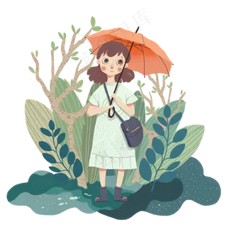 雨水春天节气少女植物PNG伞生长,免抠元素