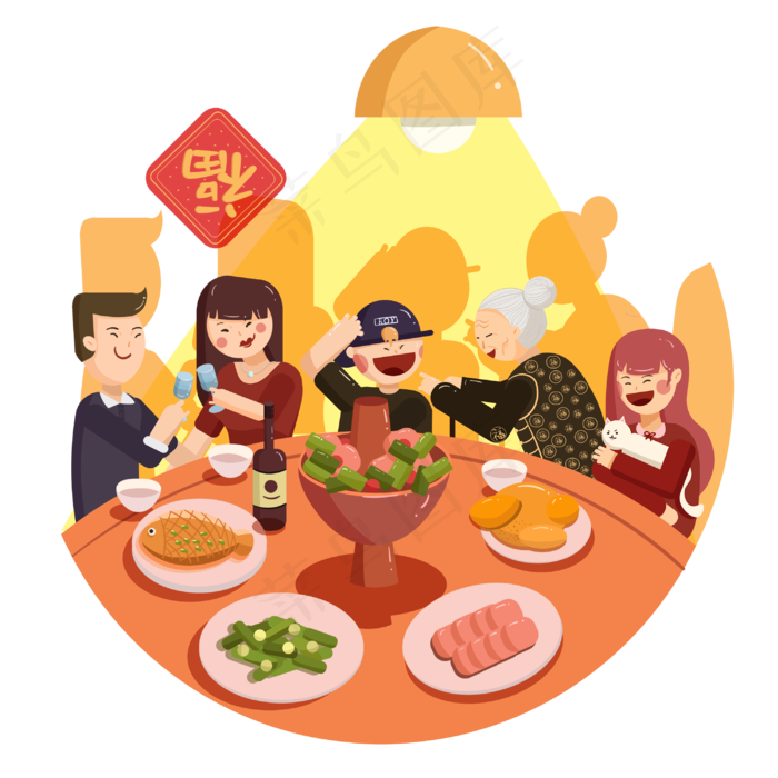 2019猪年除夕团年饭火锅喜庆福PNG,免抠元素(3000*3000px 300 dpi )psd模版下载