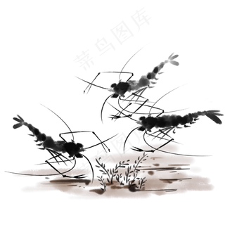 水墨黑白动物虾国画,免抠元素