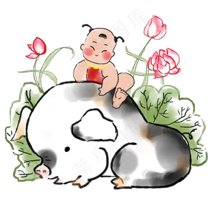 2019猪年中国风水墨年画福娃骑猪