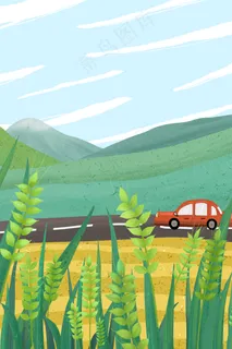 绿色肌理风格路边的稻谷