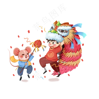 2020年春节红色喜庆鼠年舞狮醒狮,免抠元素