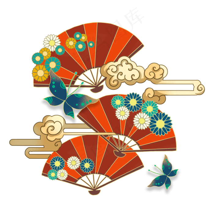 国潮中国风扇子祥云,免抠元素