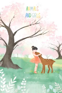 特色水彩樱花下的女孩与鹿 特色水彩樱花下的女孩与鹿