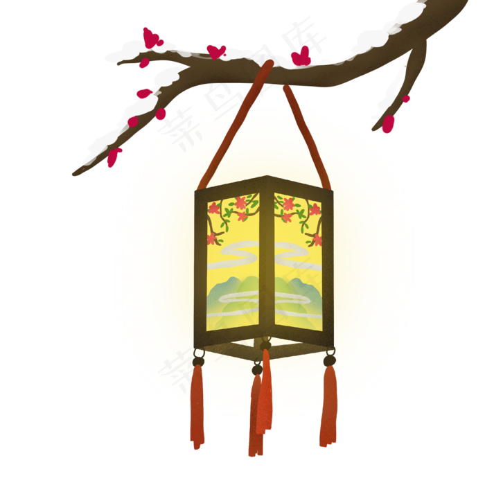 中国风挂在梅枝上的国画灯(2000X2000(DPI:300))psd模版下载