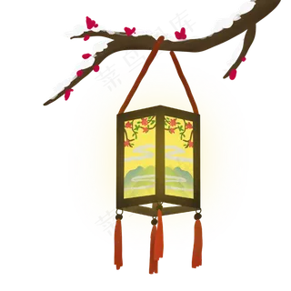 中国风挂在梅枝上的国画灯