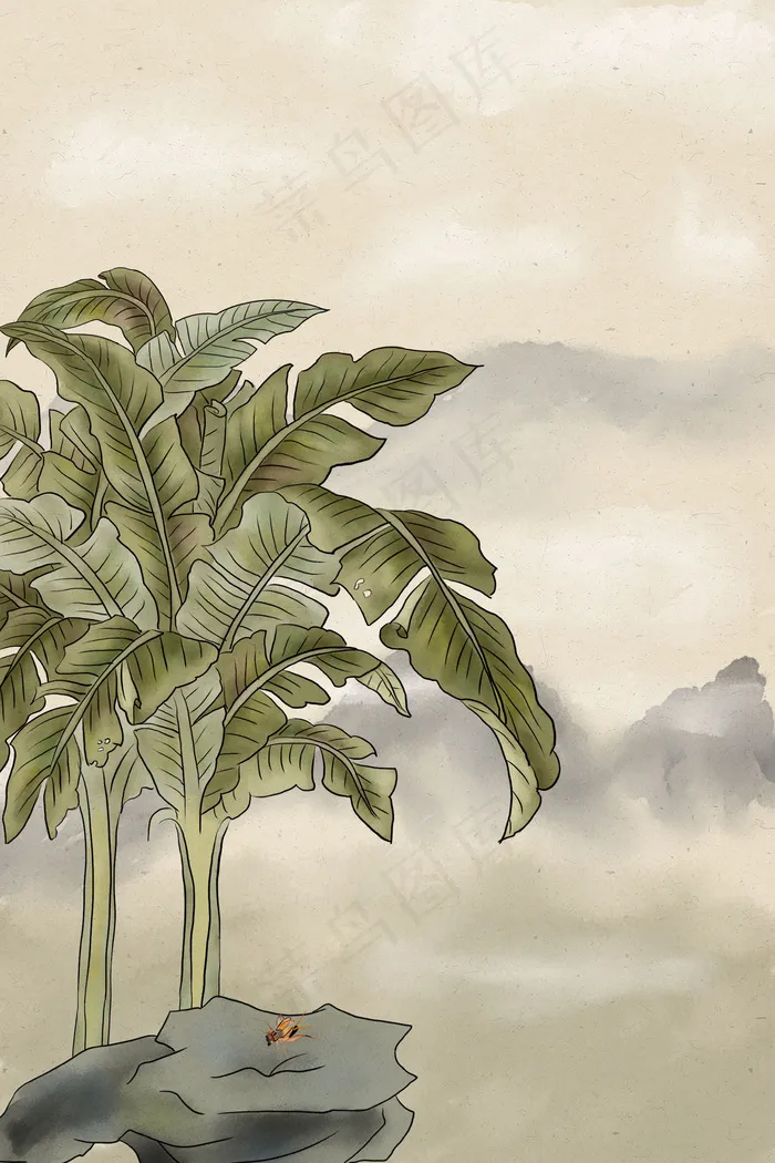 国画工笔芭蕉树和山石(3545*5315px 300 dpi )psd模版下载