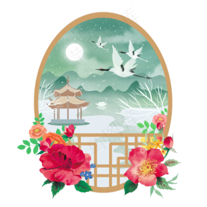 中国古典窗景花开富贵雪景,免抠元素