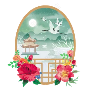中国古典窗景花开富贵雪景,免抠元素