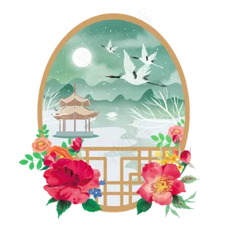 中国古典窗景花开富贵雪景,免抠元素 中国古典窗景花开富贵雪景,免抠元素