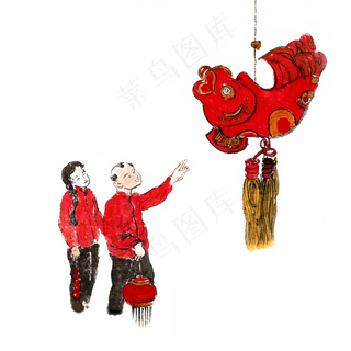 民俗画春节逛花灯,免抠元素