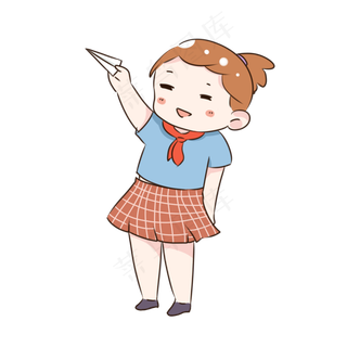 手绘卡通放纸飞机的小女孩