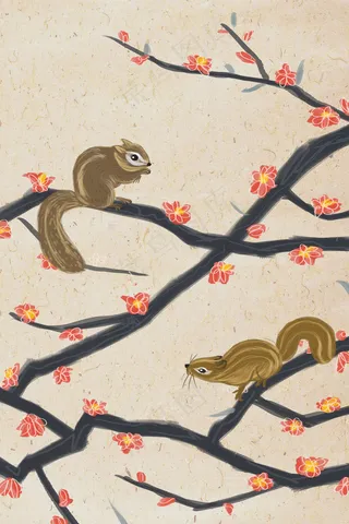 水墨中国风工笔松鼠枝头玩耍