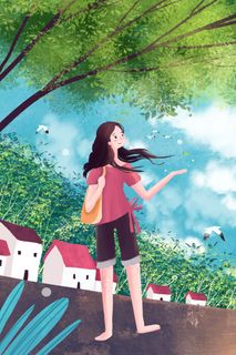 海边女生单独一人云朵天空风景