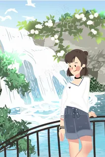 五一出游瀑布女孩